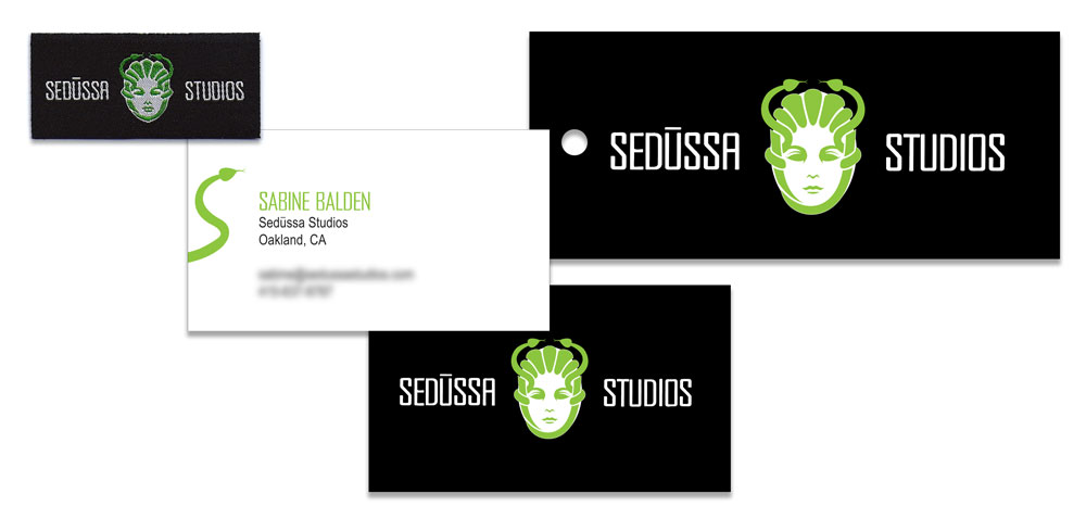 Sedüssa Studios clothing label, business card and hangtag