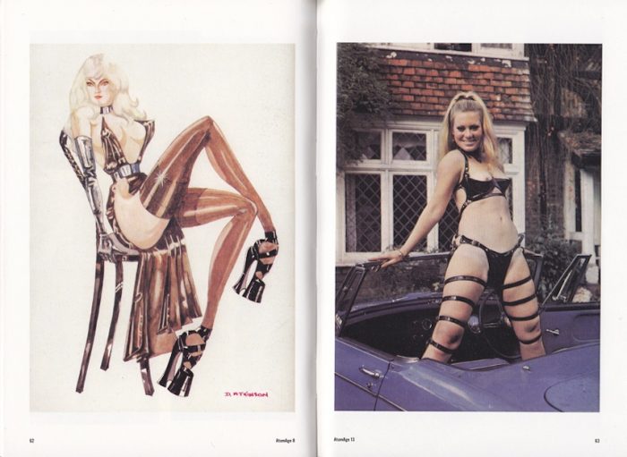 Magazine page with illustration of fetish woman and photo of woamn in strappy bondage standing in convertible