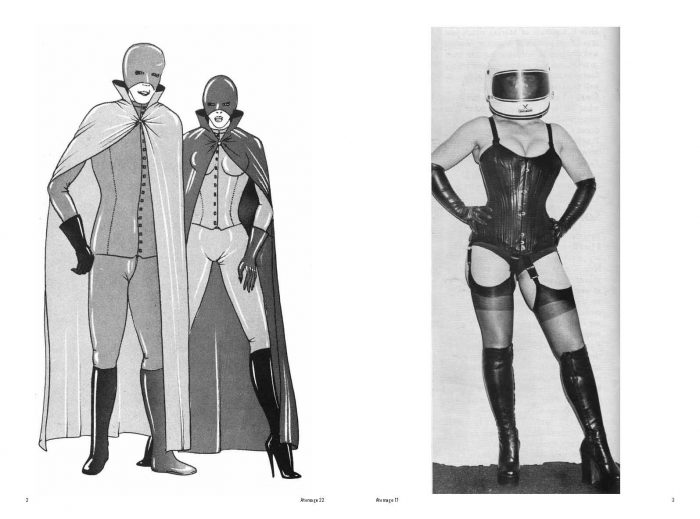 Illustration of man and woman in latex clothes and capes and photo of woman in leather corset