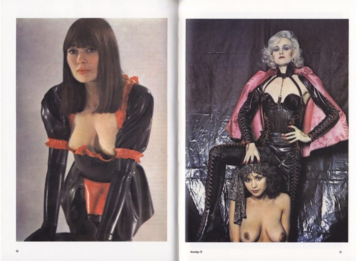 Magazine page with woman in latex maid's outfit and Top and bottom women in leather