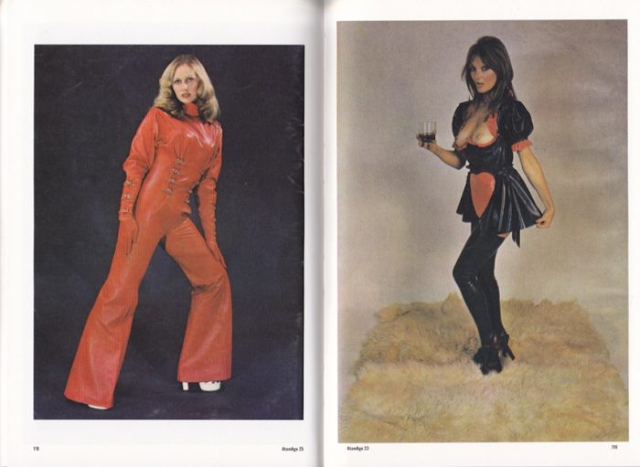 Magazine page with woman in red latex top, gloves, and bell-bottoms, and woman in latex maid's outfit