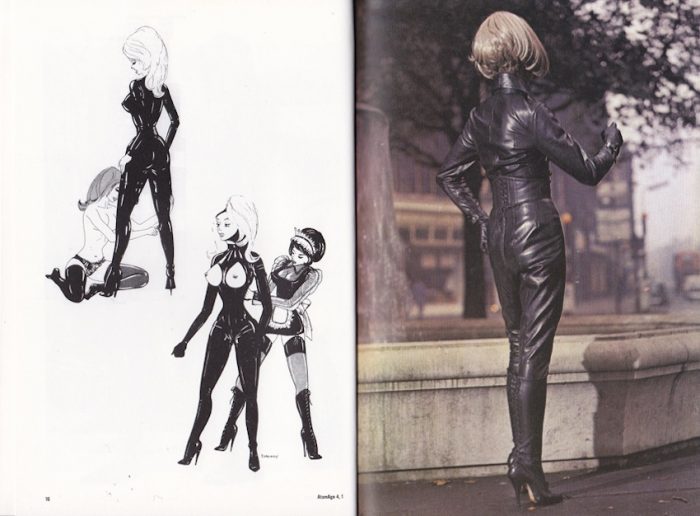 Magazine page with illustration of woman being laced into latex corset and photo of woman in head-to-toe black latex