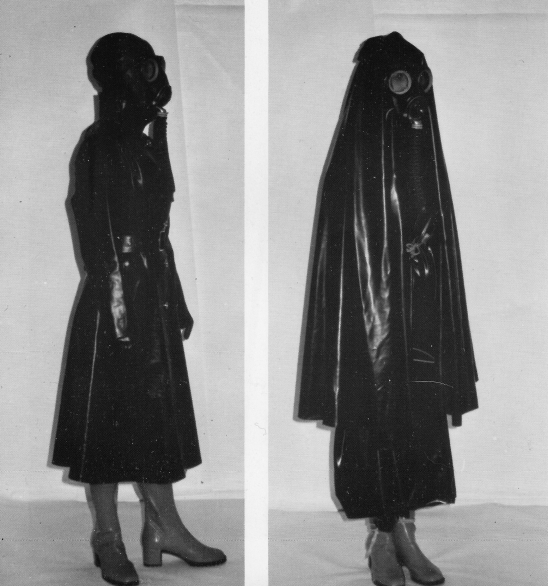 Magazine page with woman in gas mask and black latex raincoat; woman in gas mask, and latex raincoat and cape