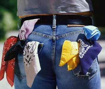 Photo of man's back jeans pockets with many colorful bandanas on each side