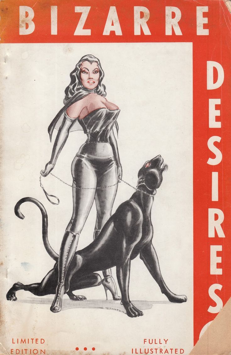Bizarre Desires magazine: woman in black fetish clothing with leashed black panter