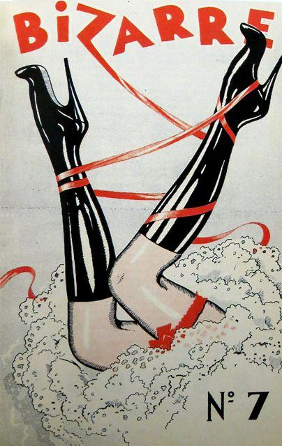 Bizarre magazine: legs with shiny black knee-high boots bound with red ribbon