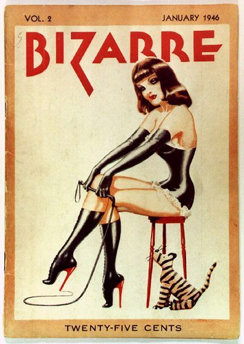 Bizarre magazine: woman with whip, knee-high boots and stuffed cat toy