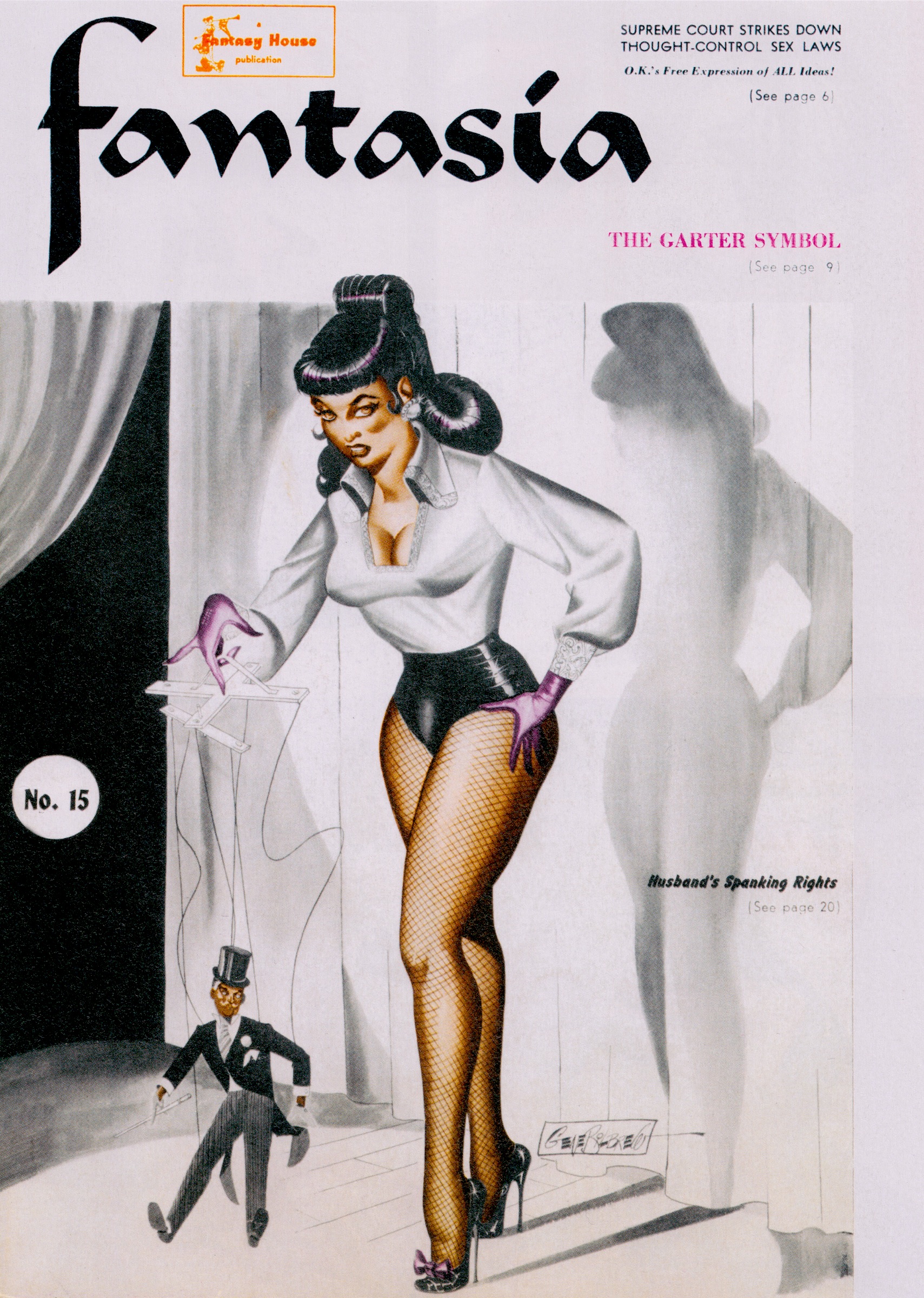 Fantasia magazine: woman in fishnet stockings and high heels with puppet of a man