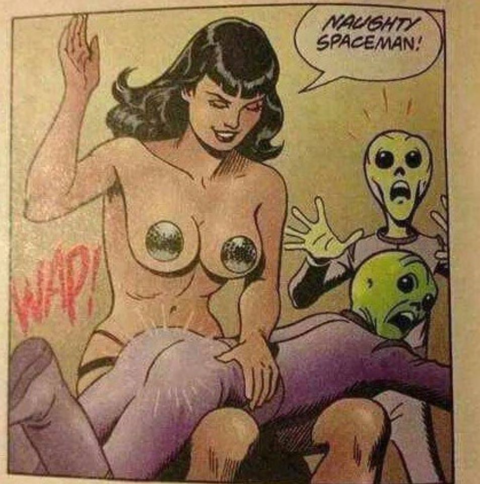Woman spanking alien and saying "Naughty Spaceman!"