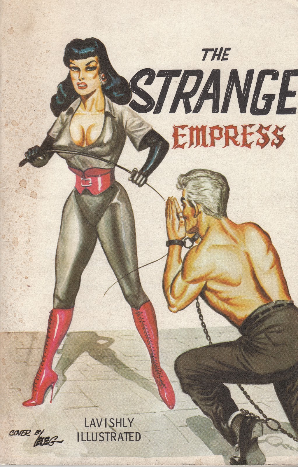 The Strange Empress book cover: woman in knee-high red boots and waist cincher with kneeling man in bondage