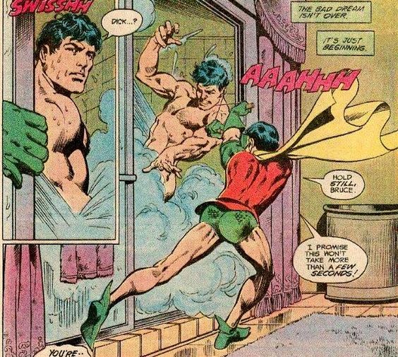 Batman naked in shower being rescued by Robin