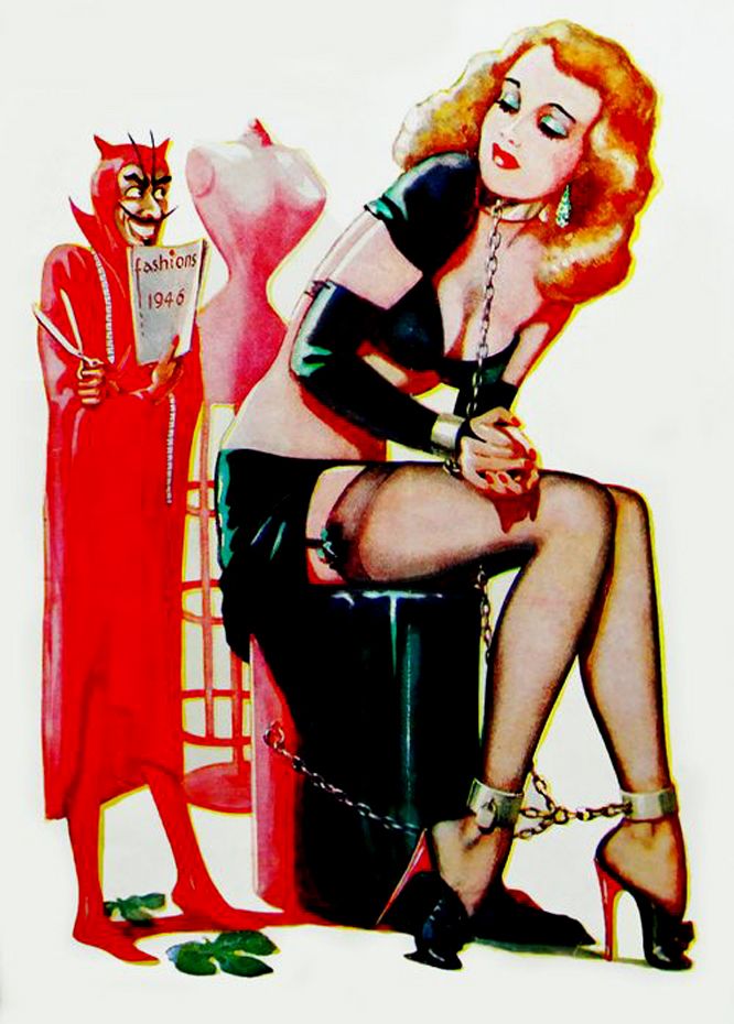 Devil with woman in bondage, lingerie, and high heels