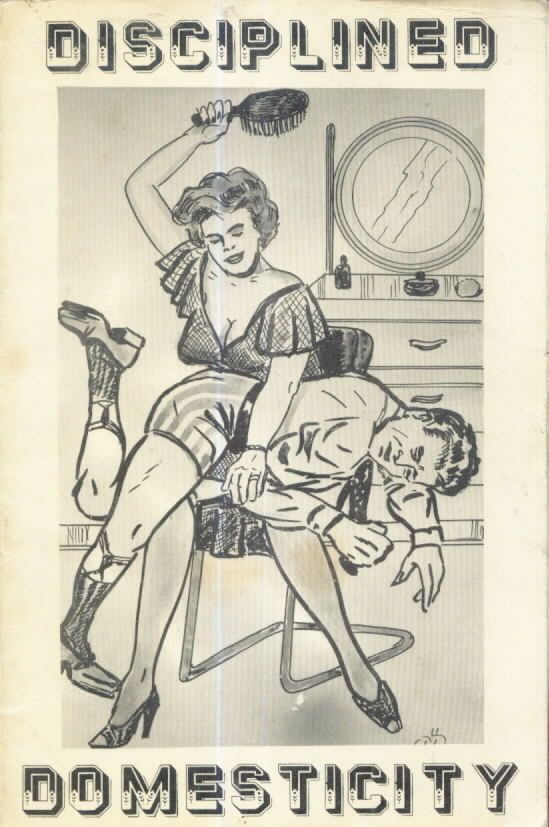 Disciplined Domesticity book cover: woman spanking man with hairbrush
