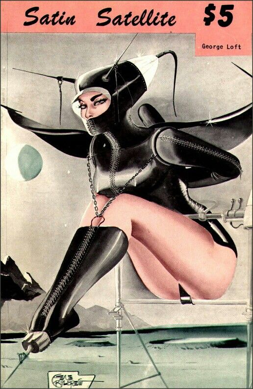 Satin Satellite magazine: woman in knee-high bondage boots and black satin bondage clothing with wings