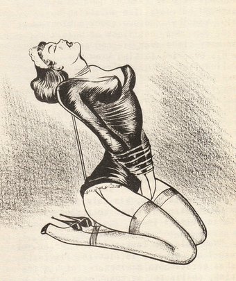 Kneeling woman in stockings and high heels in bondage
